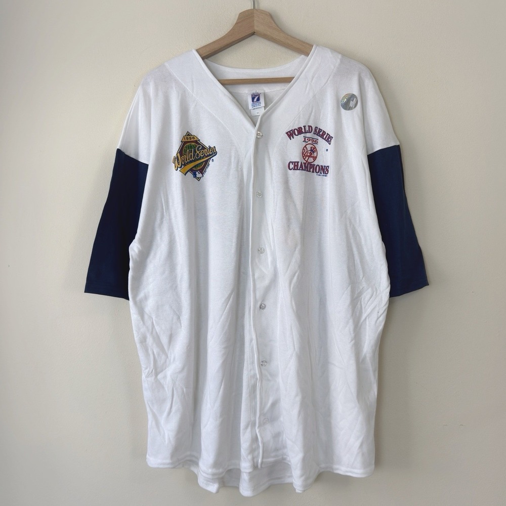 Vintage New York Yankees Logo 7 World Series 1996 White Navy Jersey Tee Shirt XL